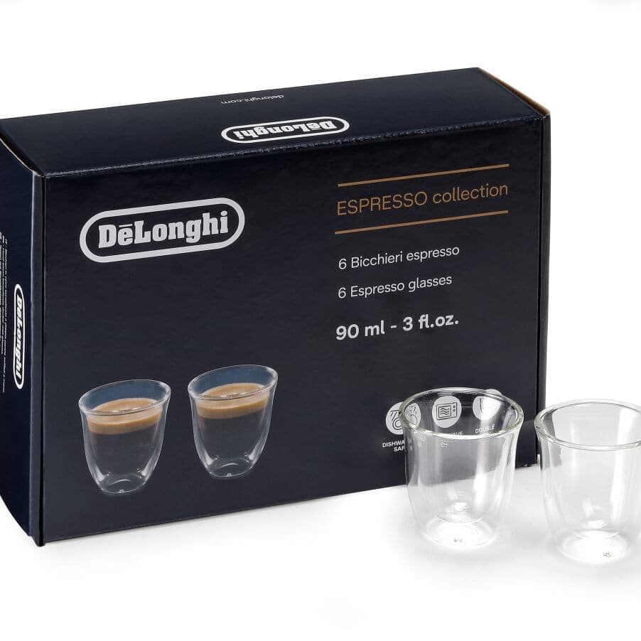 De'Longhi Szklanki do espresso, 90 ml, zestaw 6 szklanek z podwójnymi ściankami DLSC300