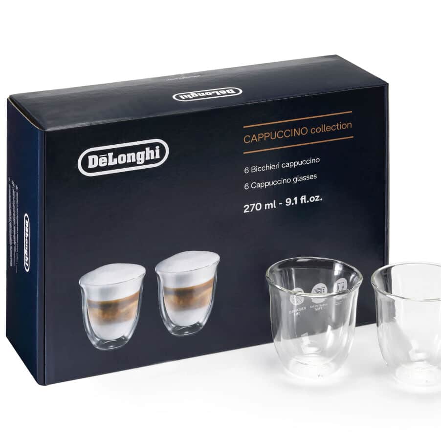 De'Longhi Szklanki do cappuccino, 270 ml, zestaw 6 szklanek z podwójnymi ściankami DLSC301