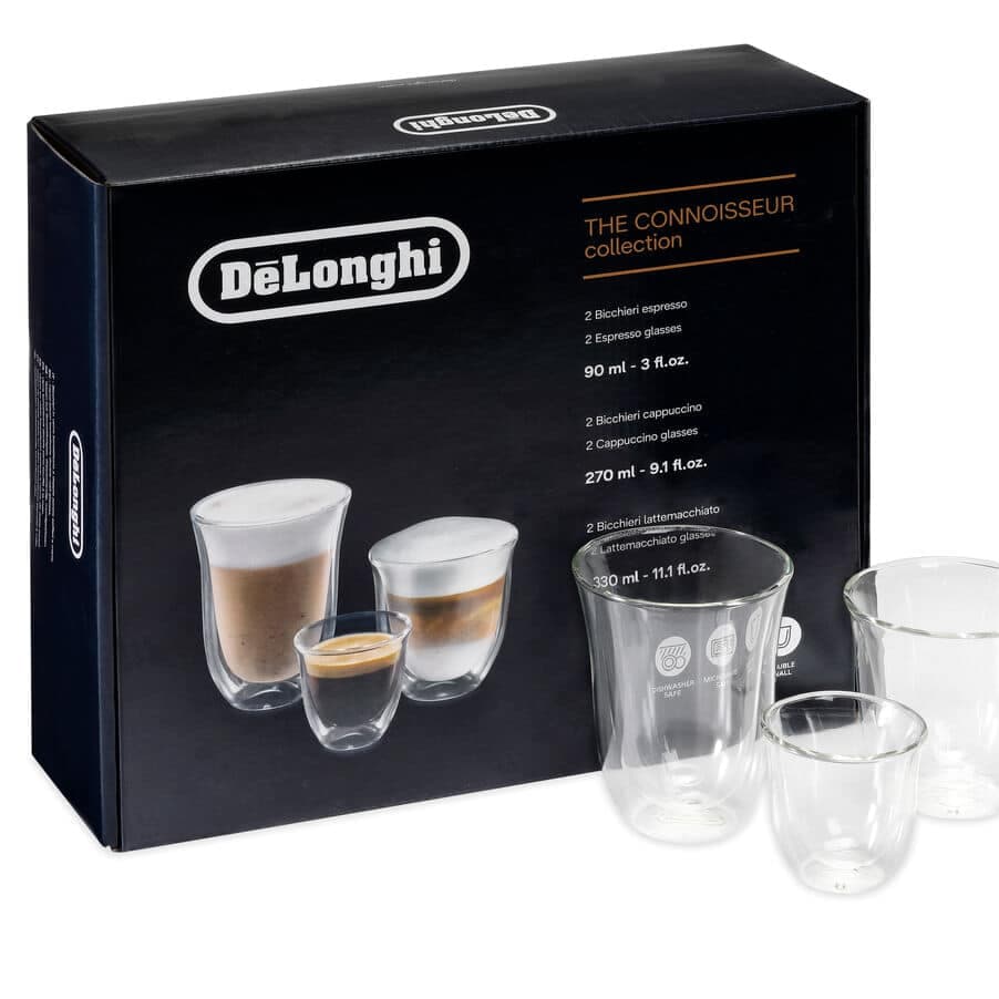 De'Longhi Zestaw 2 szklanek do espresso, 2 szklanek do cappuccino, 2 szklanek do latte z podwójnymi ściankami DLSC302