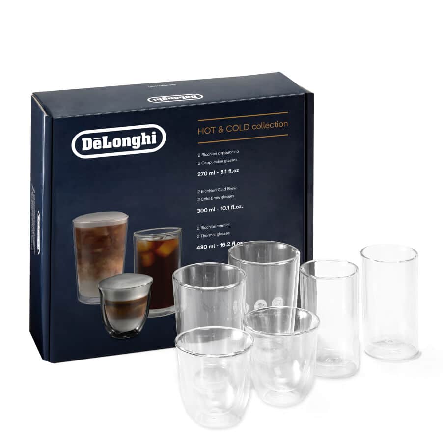 De'Longhi Zestaw 2 szklanek do cappuccino, 2 szklanek do cold brew, 2 szklanek termicznych z podwójnymi ściankami, kolekcja Hot&Cold DLSC326