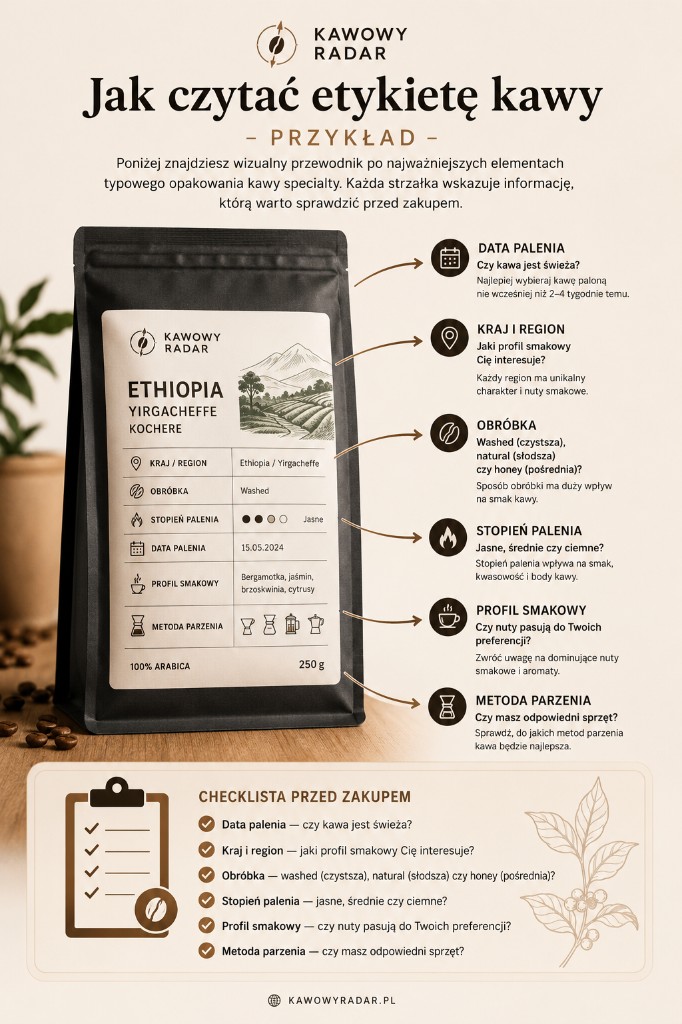 Infografika: jak czytać etykietę kawy — przykład opakowania